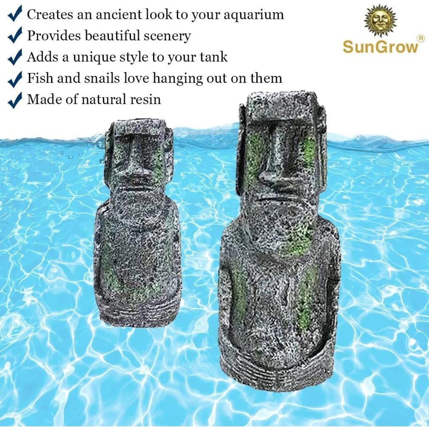 SunGrow Betta Fish Moai Easter Island Head Aquarium Ornament, 2-pack, 7-in & 5-in 5 SunGrow Betta Fish Moai Easter Island Head Aquarium Ornament, 2-pack, 7-in & 5-in - Image 3