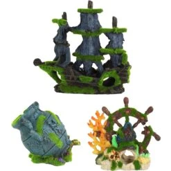 Penn-Plax Aqua-Flora 3-Piece Bundle Nautical & Pirate Themed Fish Ornament, Multicolor