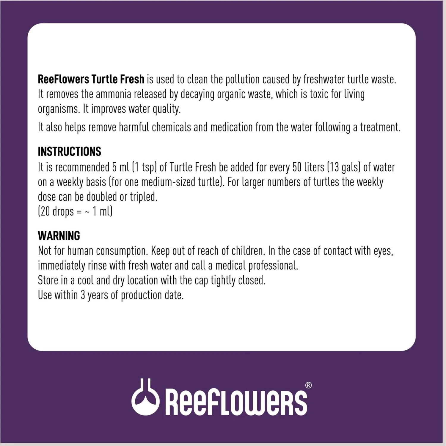 Reeflowers Turtle Fresh RemAmmonia Fish Aquarium Water Conditioner, 2.9-oz Bottle 5 Reeflowers Turtle Fresh RemAmmonia Fish Aquarium Water Conditioner, 2.9-oz Bottle - Image 3